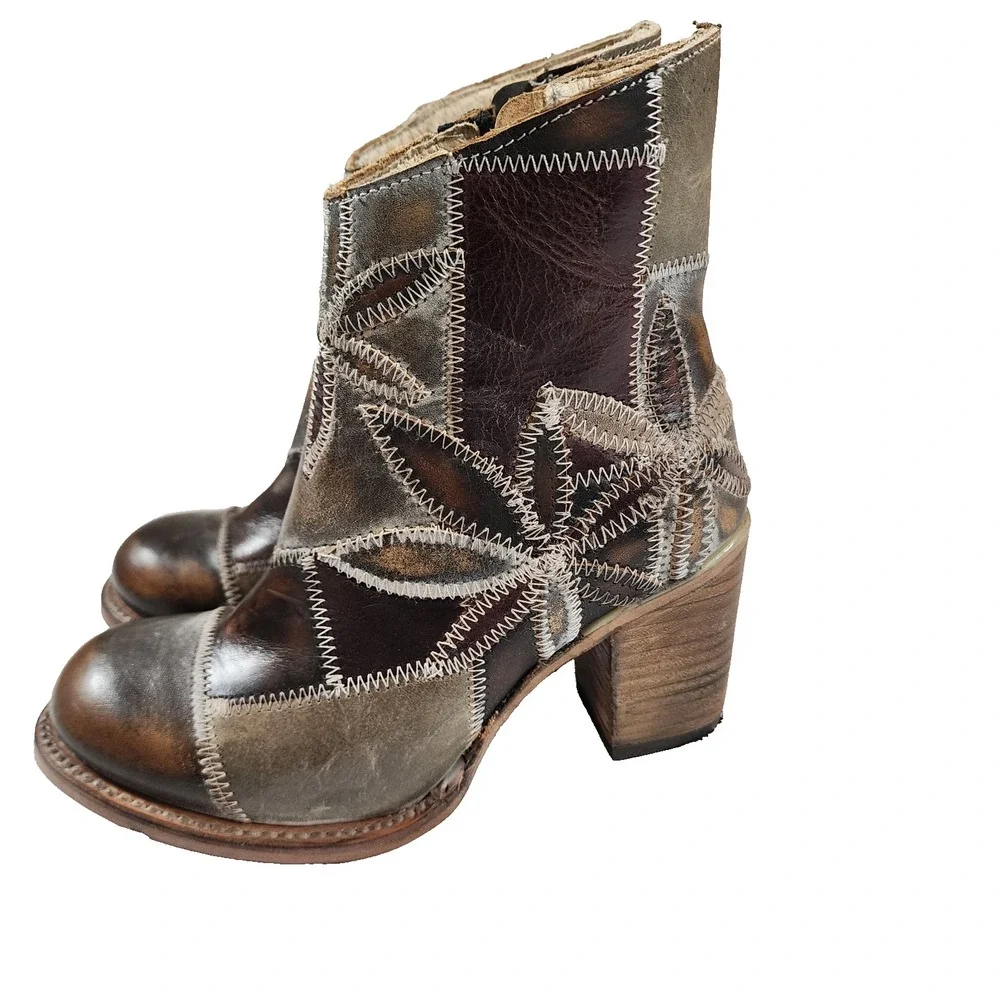 Freebird Flower Ankle Boot Leather Made In Mexico Stitch Detail Block Heel - Picture 3 of 11